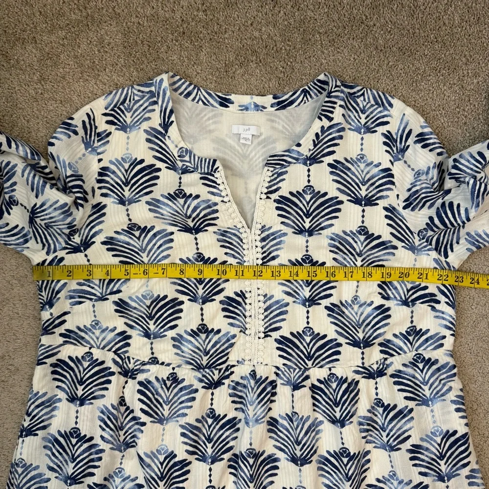 J. Jill Printed Split Neck Cotton Dress White Blue XL Coastal - Picture 8 of 9